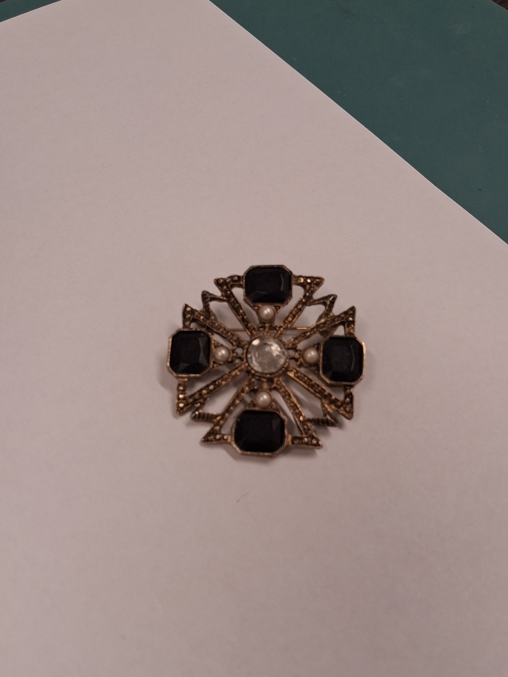 Black and Gold Ornate Cross-Style Brooch with Clear Center pearl accent